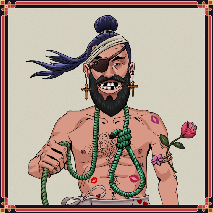 Igor The Veteran — Degen Dojo NFT art (Jesuit Crosses, Warm Grey, Igor The Veteran, Womanizer, Degen, Shirtless Runt, Long Flowing, Killing Cobra Headbutt, Noose, Framed)