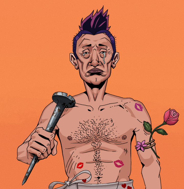 Teary Goro — Degen Dojo NFT art (Shirtless Runt, Orange Afternoon, Degens, Womanizer, Teary Goro, Yakuza Hooligan, Rusty Nail, Mint)