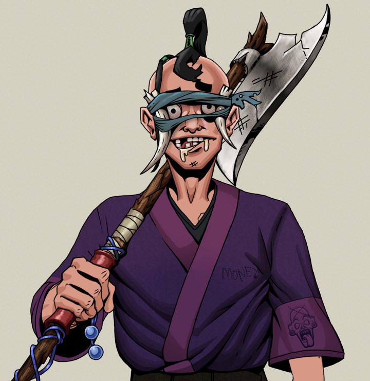 Drooling Azuma — Degen Dojo NFT art (Shirtless Runt, Warm Grey, Degens, Money Kimono, Drooling Azuma, Tied Horns, Dejen Samurai, Broken Nagatina, Mint)
