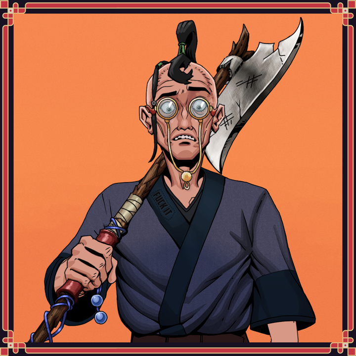 Shitless Botan — Degen Dojo NFT art (Shirtless Runt, Orange Afternoon, Shitless Botan, Fuck You Kimono, Degen, Pompous Glasses, Dejen Samurai, Godlike Shock Attack, Broken Naginata, Framed)