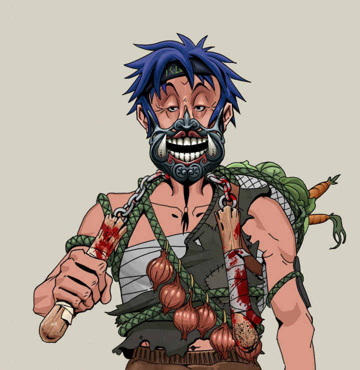 Edmundo — Degen Dojo NFT art (Shirtless Runt, Warm Grey, Degens, Farmer, Edmundo, Hannya Half Mask, Bum Headband Ruffian, Bloody Nunchucks, Mint)