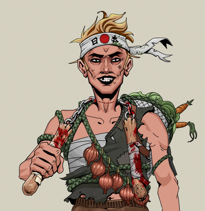 Junichiro Reborn — Degen Dojo NFT art (Shirtless Runt, Warm Grey, Degens, Farmer, Junichiro Reborn, Karate Headband, Bloody Nunchucks, Mint)