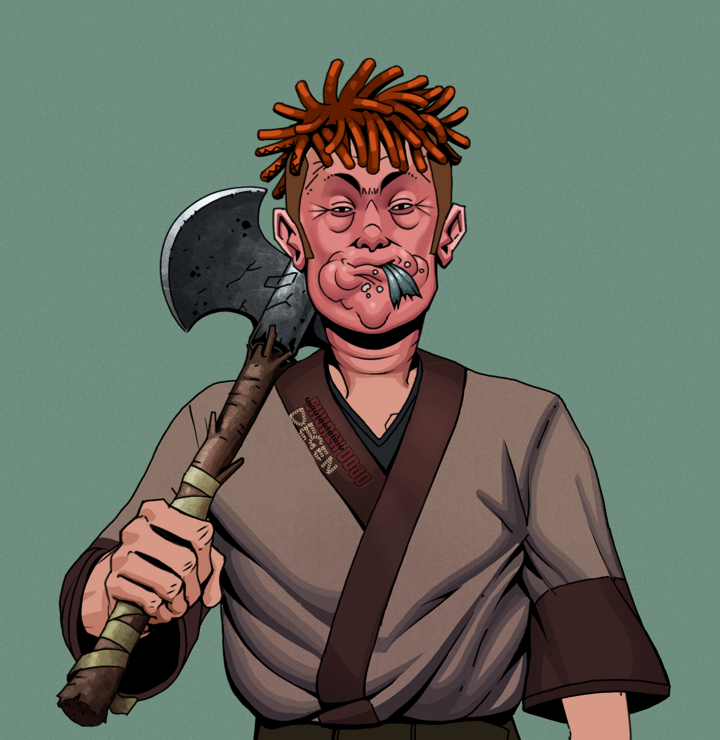 Fatty Bobsticks — Degen Dojo NFT art (Shirtless Runt, Olive Green, Degens, Degen Dojo Kimono, Fatty Bobsticks, Orange Bantu Knots, Axe, Mint)