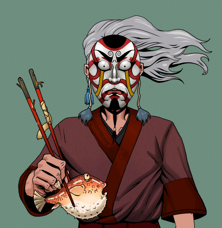 Edmundo — Degen Dojo NFT art (Tassel, Olive Green, Degens, Proud Dejen Kimono, Edmundo, Kitsune Mask, Wise Greatness, Frightened Fugu, Mint)