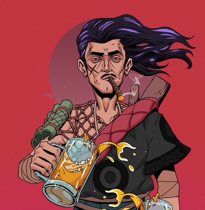 Raikou The Stoner — Degen Dojo NFT art (Shirtless Runt, Red High Moon, Degens, Village Leader, Raikou The Stoner, Flowing Battousai, Beer Splash, Mint)