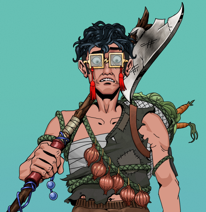 Shitless Botan — Degen Dojo NFT art (Shirtless Runt, Teal Daytime, Degens, Farmer, Shitless Botan, Shoji Tassel Glasses, Messy, Broken Nagatina, Mint)