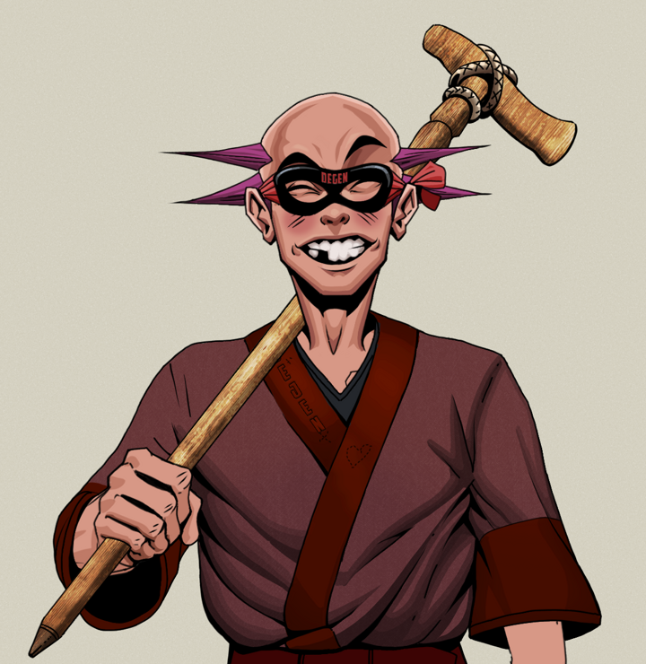 Cheery Haru — Degen Dojo NFT art (Shirtless Runt, Warm Grey, Degens, Proud Dejen Kimono, Cheery Haru, Degen Superhero, Dejen Mohawk, Wooden Walking Cane, Mint)