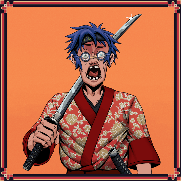 Tokuda — Degen Dojo NFT art (Shirtless Runt, Orange Afternoon, Tokuda, Silken Sunflower Kimono, Degen, Spectacles, Bum Headband Ruffian, Flaring Claw Slap, Katana, Framed)