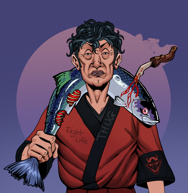 Goro — Degen Dojo NFT art (Shirtless Runt, Purple Night, Degens, Red Oni Kimono, Goro, Messy, Dead Fish, Mint)