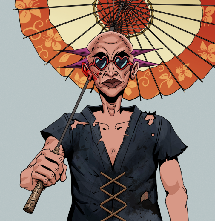 Young Yuji — Degen Dojo NFT art (Shirtless Runt, Light Grey, Degens, Black Peasant Sack, Young Yuji, Loveheart Shades, Dejen Mohawk, Floral Parasol, Mint)