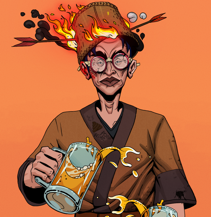 Young Yuji — Degen Dojo NFT art (Shirtless Runt, Orange Afternoon, Degens, Poop Pride Kimono, Young Yuji, Broken Glasses, Burning Basket, Beer Splash, Mint)