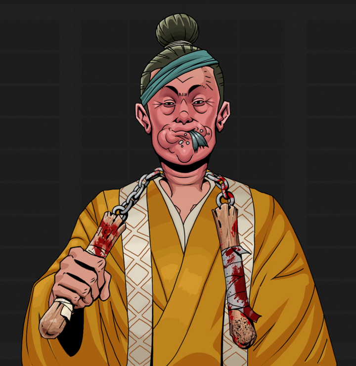 Fatty Bobsticks — Degen Dojo NFT art (Shirtless Runt, Shoji Night, Degens, Ordained Dejen, Fatty Bobsticks, Hair Bun, Bloody Nunchucks, Mint)