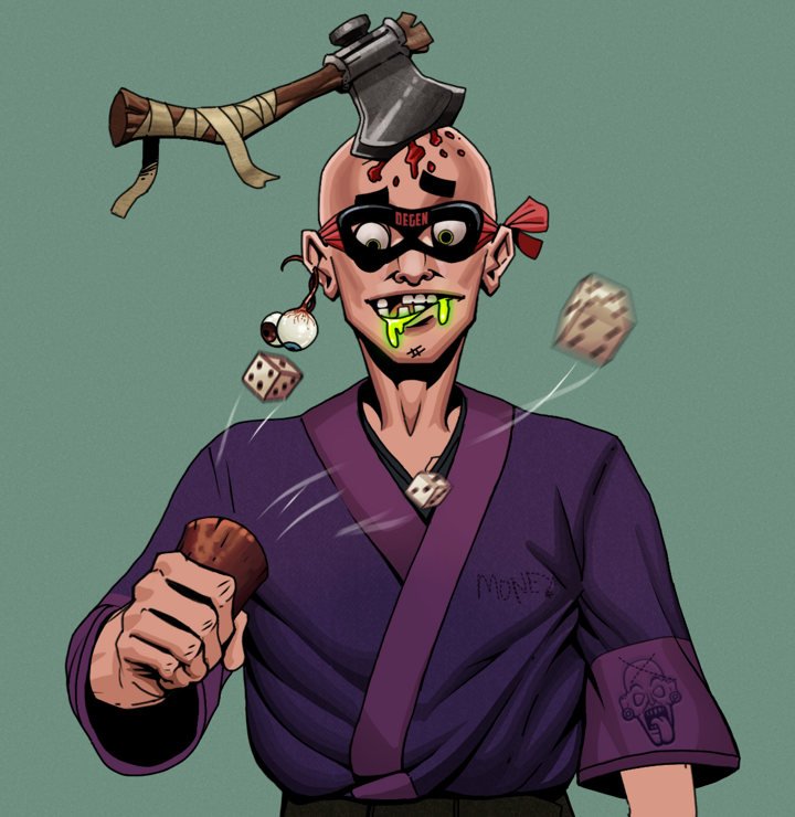 Toxic Azuma — Degen Dojo NFT art (Shaman Eyes, Olive Green, Degens, Money Kimono, Toxic Azuma, Degen Superhero, Splitting Axe Ache, Chō-Han Gambling Dice, Mint)
