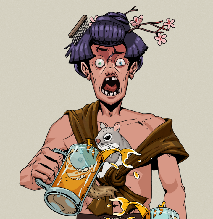 Tokuda — Degen Dojo NFT art (Shirtless Runt, Warm Grey, Degens, Little Momonga Friend, Tokuda, Disheveled Geisha, Beer Splash, Mint)