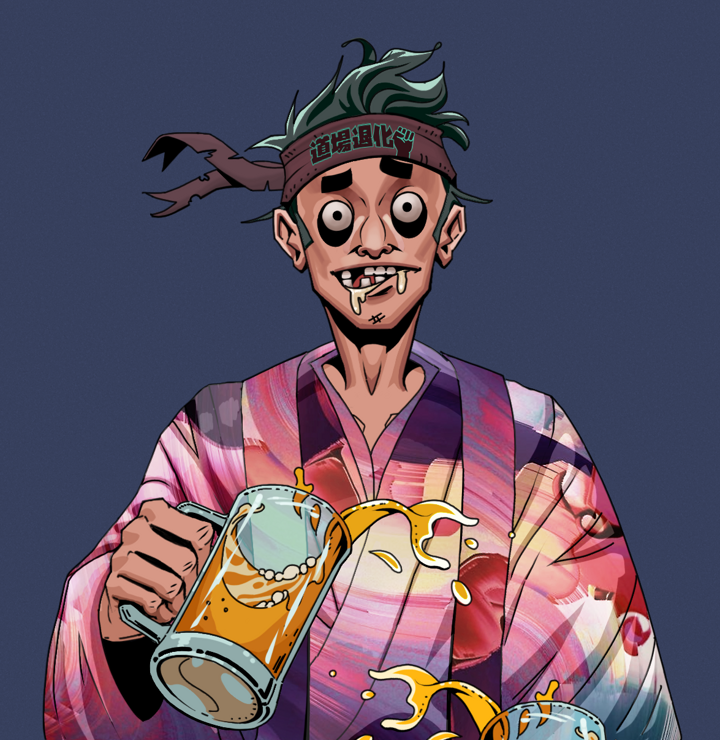 Drooling Azuma — Degen Dojo NFT art (Shirtless Runt, Blue Evening, Degens, Autumn Sakura Kimono, Drooling Azuma, Degen Dojo Headband, Beer Splash, Mint)