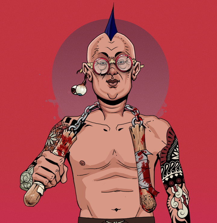 Fat Bob — Degen Dojo NFT art (Shaman Eyes, Red High Moon, Degens, Yakuza Tattoo Sleeves, Fat Bob, Broken Glasses, Mohawk Spike, Bloody Nunchucks, Mint)