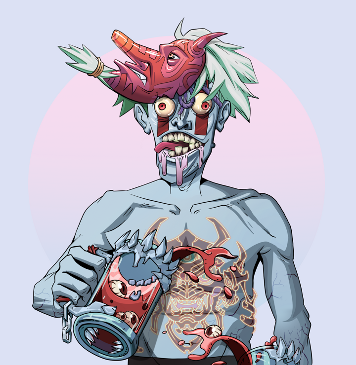 Drooling Azuma — Degen Dojo NFT art (Shirtless Runt, Purple Night, Demons, Red Oni Tattoo, Drooling Azuma, Tengu Mask, Beer Splash, Mint)