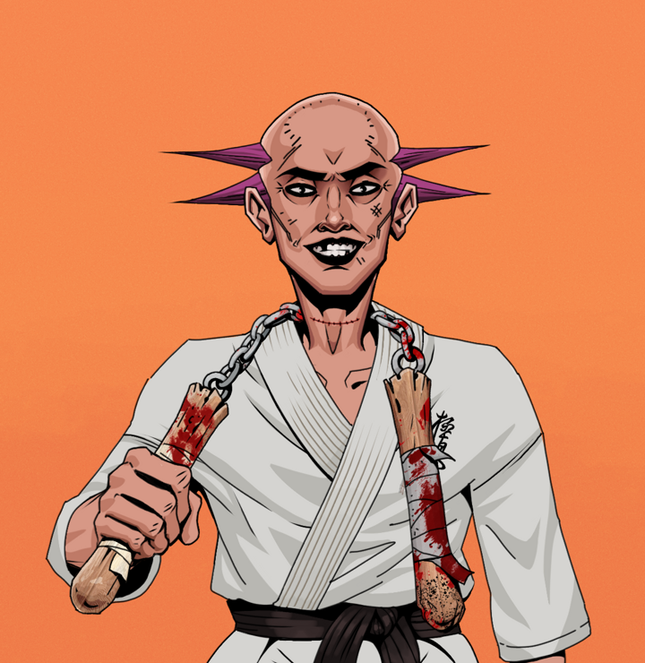 Junichiro Reborn — Degen Dojo NFT art (Shirtless Runt, Orange Afternoon, Degens, Student Gi, Junichiro Reborn, Dejen Mohawk, Bloody Nunchucks, Mint)