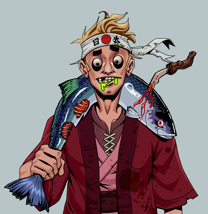 Toxic Azuma — Degen Dojo NFT art (Shirtless Runt, Light Grey, Degens, Red Warrior Kimono, Toxic Azuma, Karate Headband, Dead Fish, Mint)