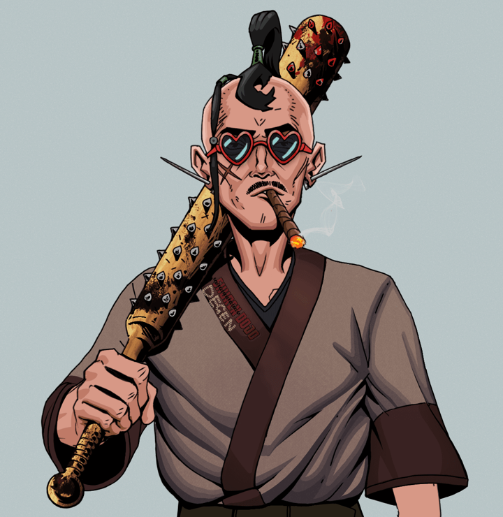 Raikou The Stoner — Degen Dojo NFT art (Nails, Light Grey, Degens, Degen Dojo Kimono, Raikou The Stoner, Loveheart Shades, Dejen Samurai, Yakuza Club, Mint)