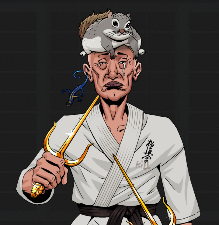 Teary Goro — Degen Dojo NFT art (Lizard, Shoji Night, Degens, Student Gi, Teary Goro, Shirtless Runt, Mr. Momonga Hat, Golden Sai, Mint)