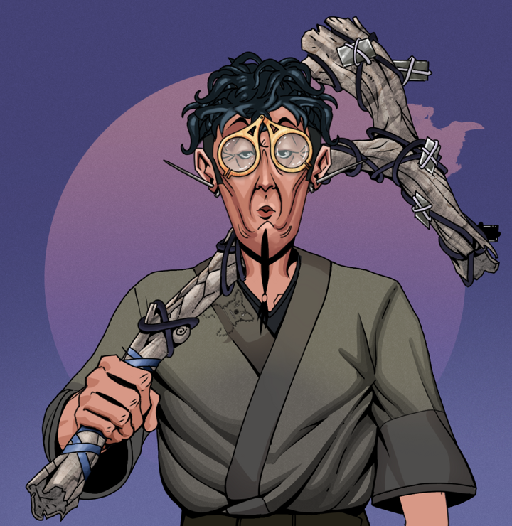 Edmundo — Degen Dojo NFT art (Nails, Purple Night, Degens, Puppy Kimono, Edmundo, Pocket Glasses, Messy, Large Branch, Mint)