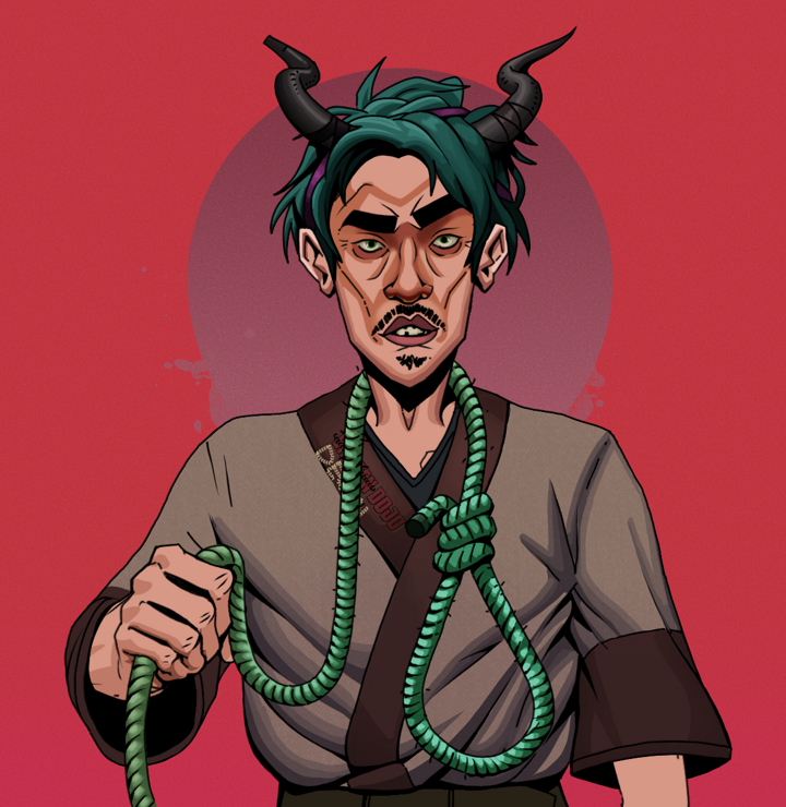 Gloomy Masumi — Degen Dojo NFT art (Shirtless Runt, Red High Moon, Degens, Degen Dojo Kimono, Gloomy Masumi, Black Oni Horns, Noose, Mint)