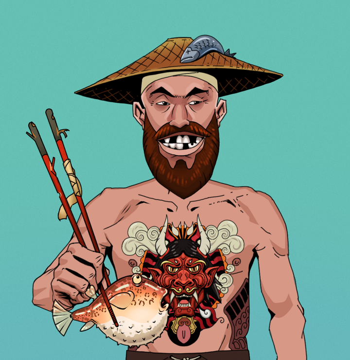 Igor The Bear — Degen Dojo NFT art (Shirtless Runt, Teal Daytime, Degens, Red Oni Tattoo, Igor The Bear, Wide Kasa Fisherman, Frightened Fugu, Mint)