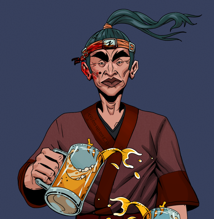 Young Yuji — Degen Dojo NFT art (Shirtless Runt, Blue Evening, Degens, Proud Dejen Kimono, Young Yuji, Green Bandana, Beer Splash, Mint)