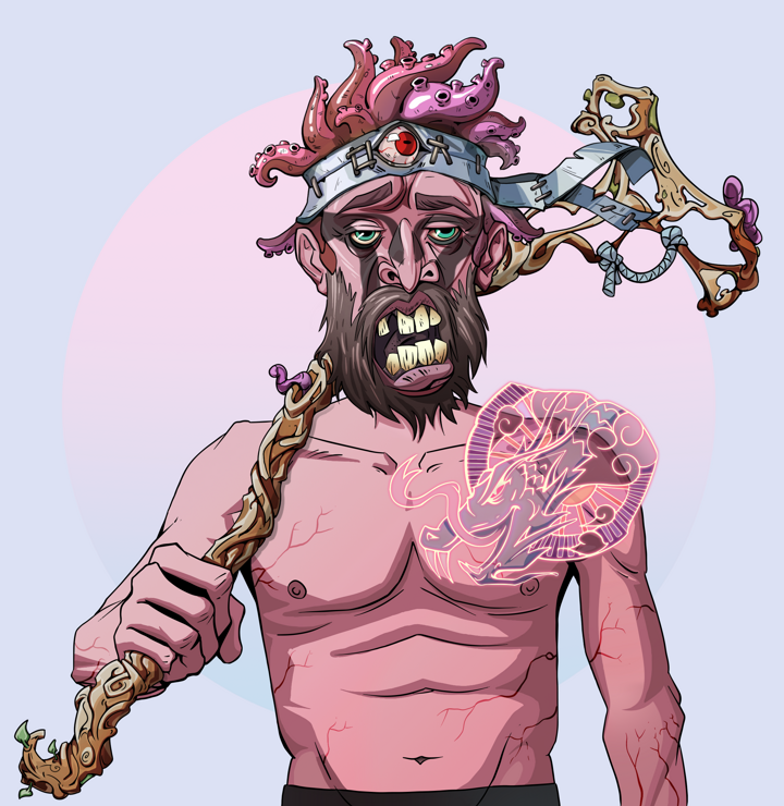 Oleg Of War — Degen Dojo NFT art (Shirtless Runt, Purple Night, Demons, Dragon Head Tattoo, Oleg Of War, Karate Headband, Wooden Walking Cane, Mint)