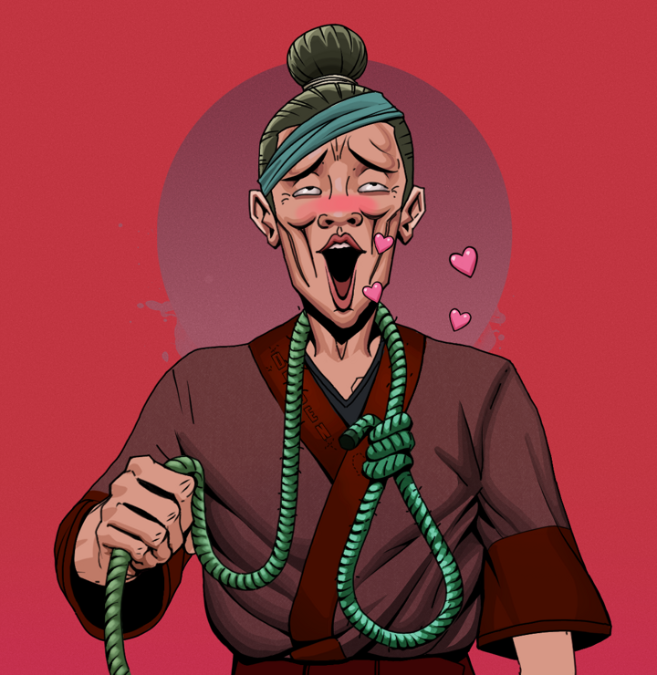 Lovey Haruto — Degen Dojo NFT art (Shirtless Runt, Red High Moon, Degens, Proud Dejen Kimono, Lovey Haruto, Hair Bun, Noose, Mint)