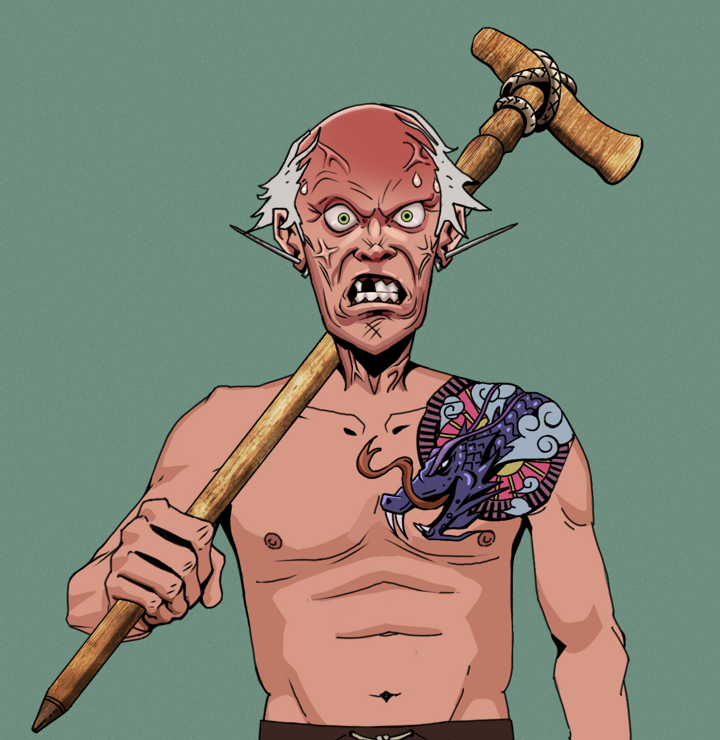 Angry Ikari — Degen Dojo NFT art (Nails, Olive Green, Degens, Dragon Head Tattoo, Angry Ikari, Shirtless Runt, Kung Fu Master, Wooden Walking Cane, Mint)