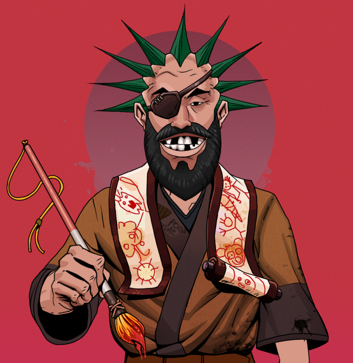 Igor The Veteran — Degen Dojo NFT art (Shirtless Runt, Red High Moon, Degens, Poop Pride Kimono, Igor The Veteran, Zapachi, Paintbrush, Mint)