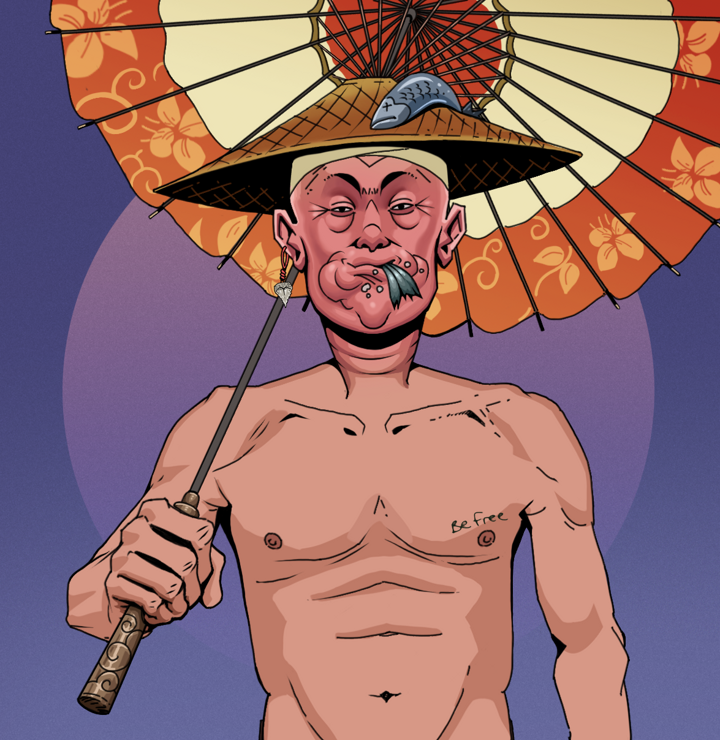 Fatty Bobsticks — Degen Dojo NFT art (Shark Tooth, Purple Night, Degens, Nudey Freak, Fatty Bobsticks, Shirtless Runt, Wide Kasa Fisherman, Floral Parasol, Mint)