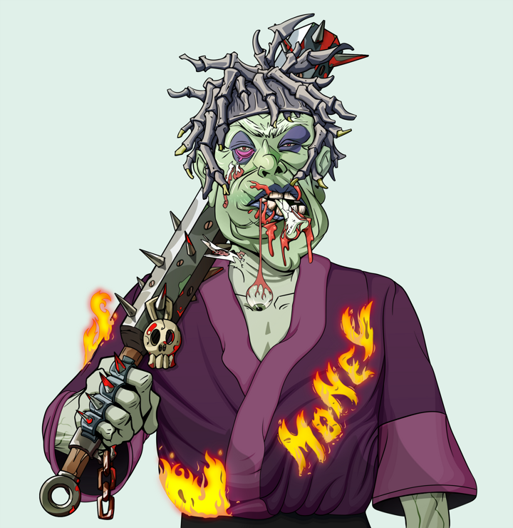 Fatty Bobsticks — Degen Dojo NFT art (Shirtless Runt, Teal Daytime, Demons, Money Kimono, Fatty Bobsticks, White Ruffian, Yakuza Club, Mint)
