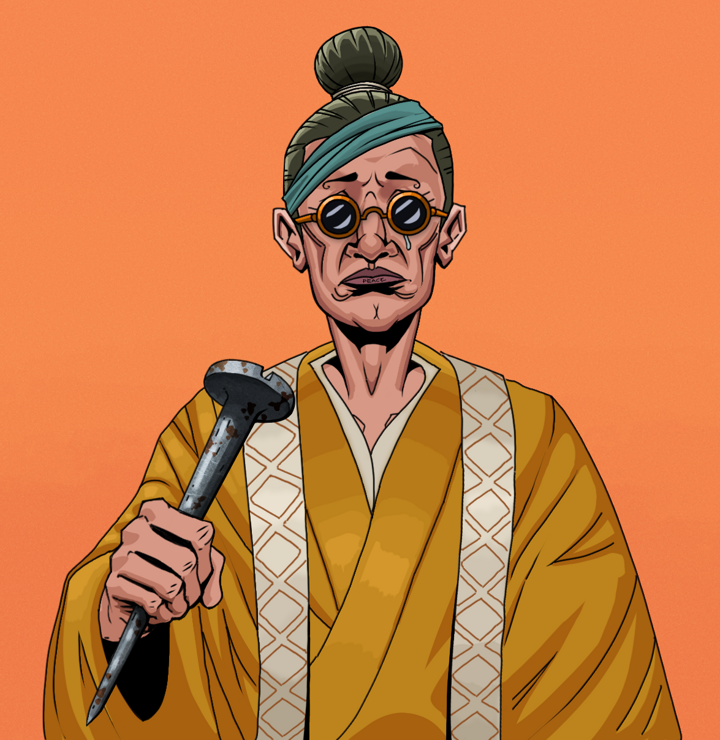 Teary Goro — Degen Dojo NFT art (Shirtless Runt, Orange Afternoon, Degens, Ordained Dejen, Teary Goro, Dark Spectacles, Hair Bun, Rusty Nail, Mint)