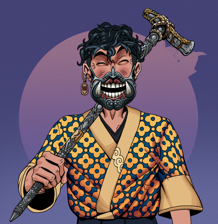 Cheery Haru — Degen Dojo NFT art (Dojo Paper Earring, Purple Night, Degens, Yellow Flowers Silk Kimono, Cheery Haru, Hannya Half Mask, Messy, Artisan Walking Cane, Mint)