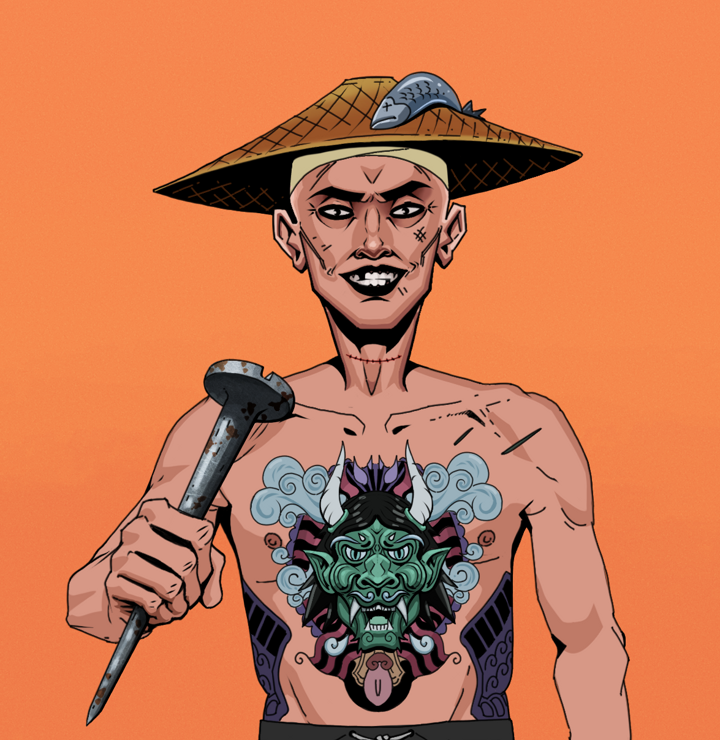 Junichiro Reborn — Degen Dojo NFT art (Shirtless Runt, Orange Afternoon, Degens, Blue Oni Tattoo, Junichiro Reborn, Wide Kasa Fisherman, Rusty Nail, Mint)