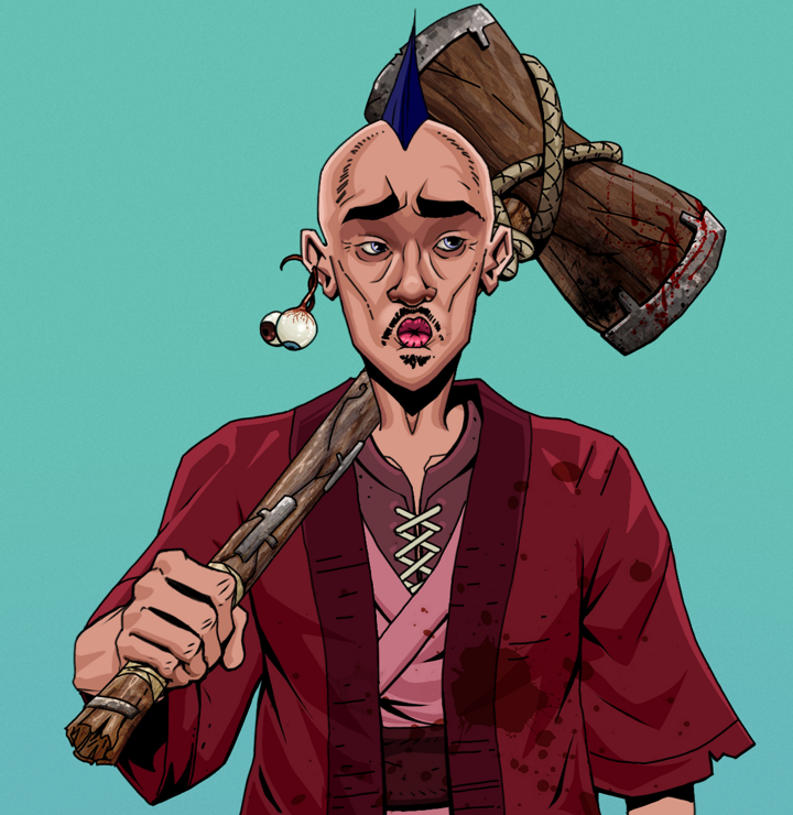 Masumi Steel — Degen Dojo NFT art (Shaman Eyes, Teal Daytime, Degens, Red Warrior Kimono, Masumi Steel, Shirtless Runt, Mohawk Spike, Wooden Warhammer, Mint)