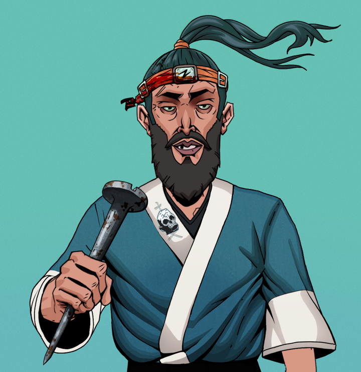 Serious Oleg — Degen Dojo NFT art (Shirtless Runt, Teal Daytime, Degens, Skull Kimono, Serious Oleg, Green Bandana, Rusty Nail, Mint)