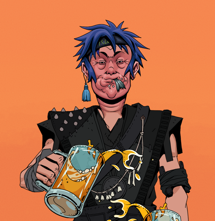 Fatty Bobsticks — Degen Dojo NFT art (Tassel, Orange Afternoon, Degens, Warlock Wannabe, Fatty Bobsticks, Shirtless Runt, Bum Headband Ruffian, Beer Splash, Mint)