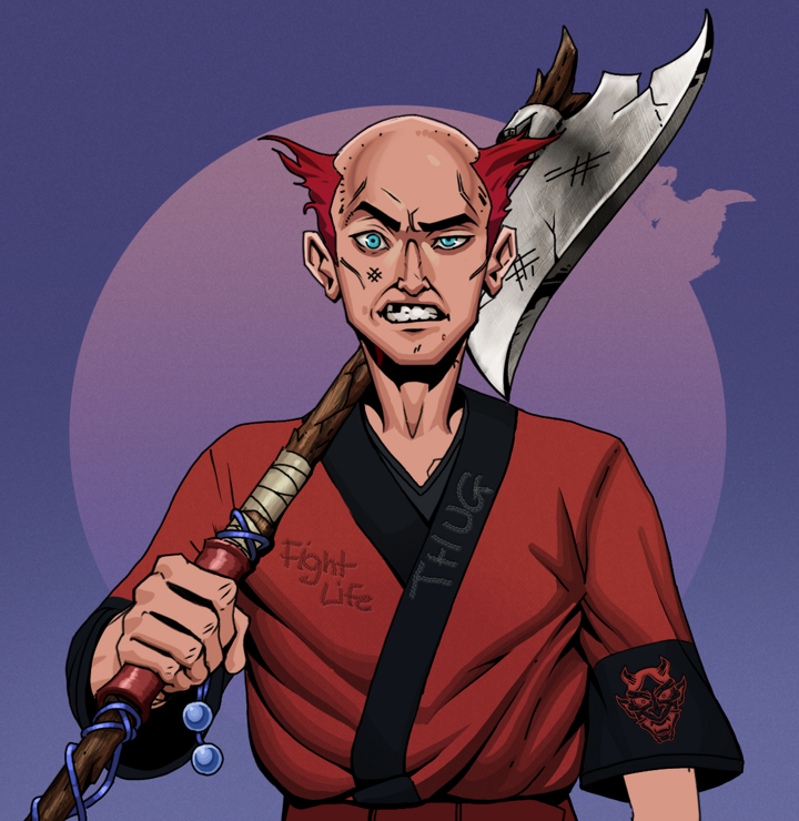 Akuma — Degen Dojo NFT art (Shirtless Runt, Purple Night, Degens, Red Oni Kimono, Akuma, Red Heihachi, Broken Nagatina, Mint)