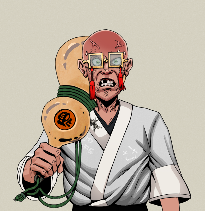 Angry Ikari — Degen Dojo NFT art (Shirtless Runt, Warm Grey, Degens, No Honor Kimono, Angry Ikari, Shoji Tassel Glasses, Bald, Giant Sake Bottle, Mint)
