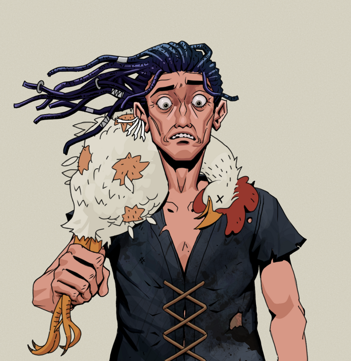 Shitless Botan — Degen Dojo NFT art (Chicken Bones, Warm Grey, Degens, Black Peasant Sack, Shitless Botan, Shirtless Runt, Flowing Dreads, Chicken, Mint)