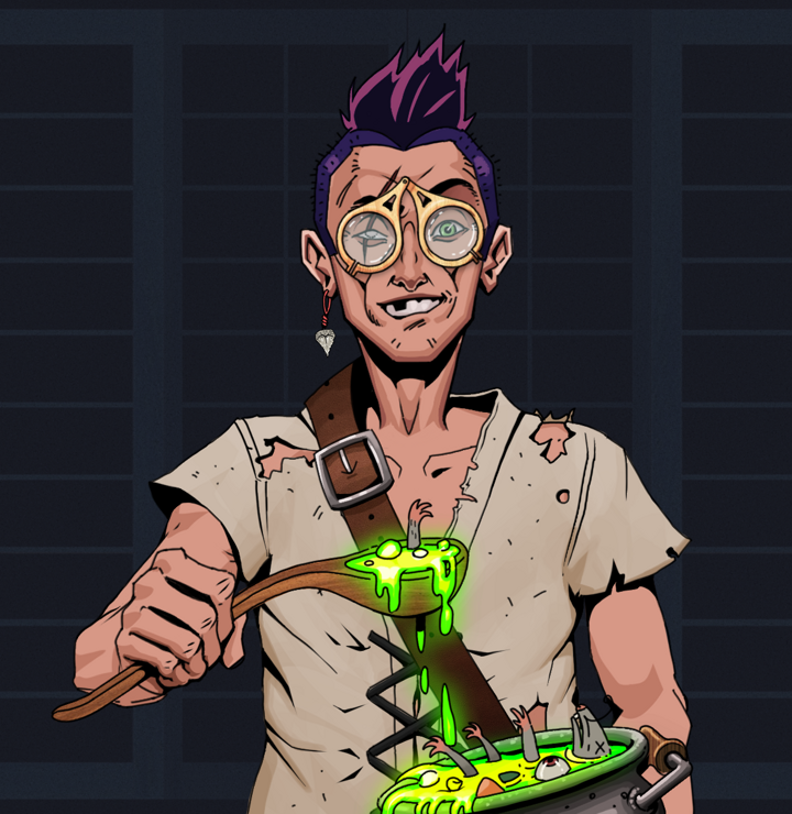 One-Eyed Itsuki — Degen Dojo NFT art (Shark Tooth, Shoji Night, Degens, Rice Sack Rags, One-Eyed Itsuki, Pocket Glasses, Yakuza Hooligan, Shaman Soup, Mint)