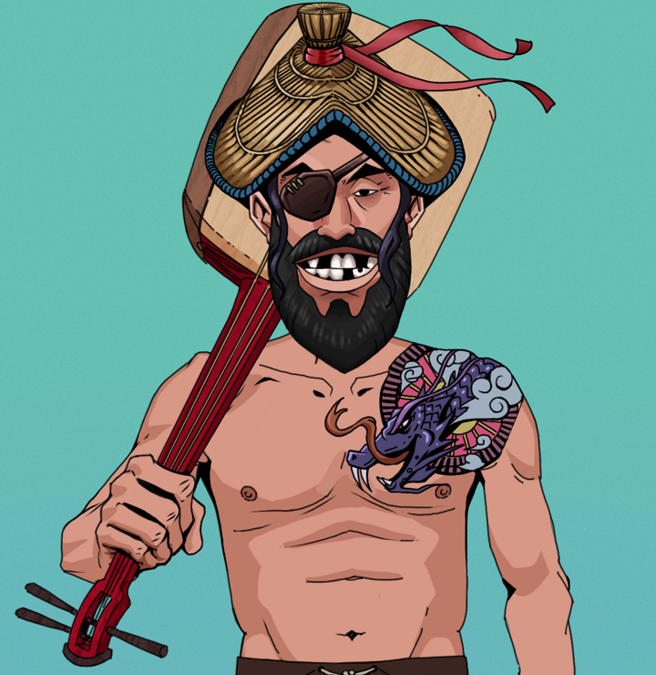Igor The Veteran — Degen Dojo NFT art (Shirtless Runt, Teal Daytime, Degens, Dragon Head Tattoo, Igor The Veteran, High Straw Rice Hat, Shamisen, Mint)