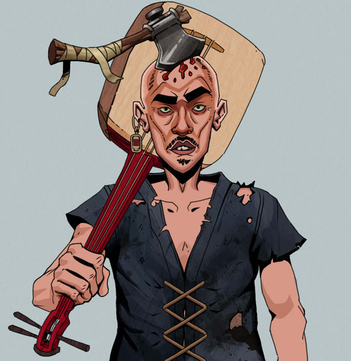 Gloomy Masumi — Degen Dojo NFT art (Dojo Paper Earring, Light Grey, Degens, Black Peasant Sack, Gloomy Masumi, Shirtless Runt, Splitting Axe Ache, Shamisen, Mint)