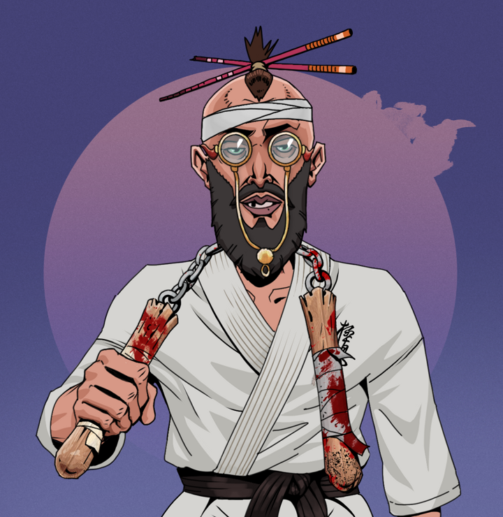 Serious Oleg — Degen Dojo NFT art (Shirtless Runt, Purple Night, Degens, Student Gi, Serious Oleg, Pompous Glasses, Hair Bun With Chopsticks, Bloody Nunchucks, Mint)