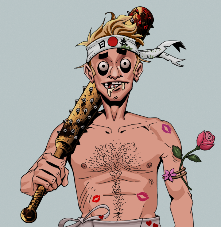 Drooling Azuma — Degen Dojo NFT art (Shirtless Runt, Light Grey, Degens, Womanizer, Drooling Azuma, Karate Headband, Yakuza Club, Mint)