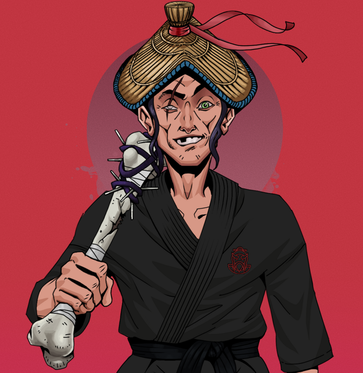 One-Eyed Itsuki — Degen Dojo NFT art (Shirtless Runt, Red High Moon, Degens, Master Black Gi, One-Eyed Itsuki, High Straw Rice Hat, Spiky Femur, Mint)
